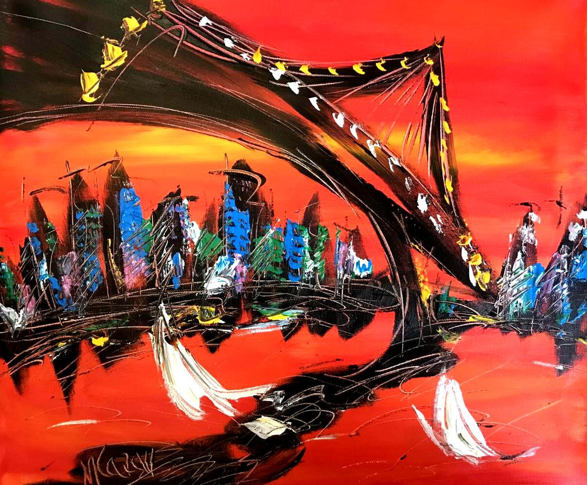 NEW YORK BRIDGE   Original Oil Painting canvas IMPRESSIONIST   KAZAV NUB9PT8P