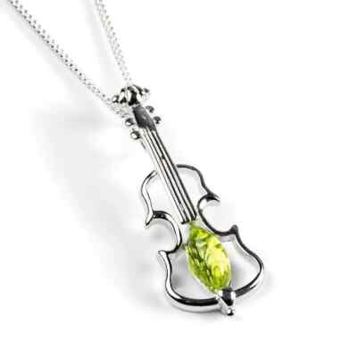 Natürlicher Peridot Edelstein Musik Violine Form Anhänger Halskette in 925 Sterling Silber