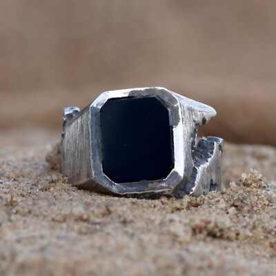 NATURAL BLACK ONYX HAMMERED MEN'S RING 925 SILVER RING UNIQUE SILVER MENS RING