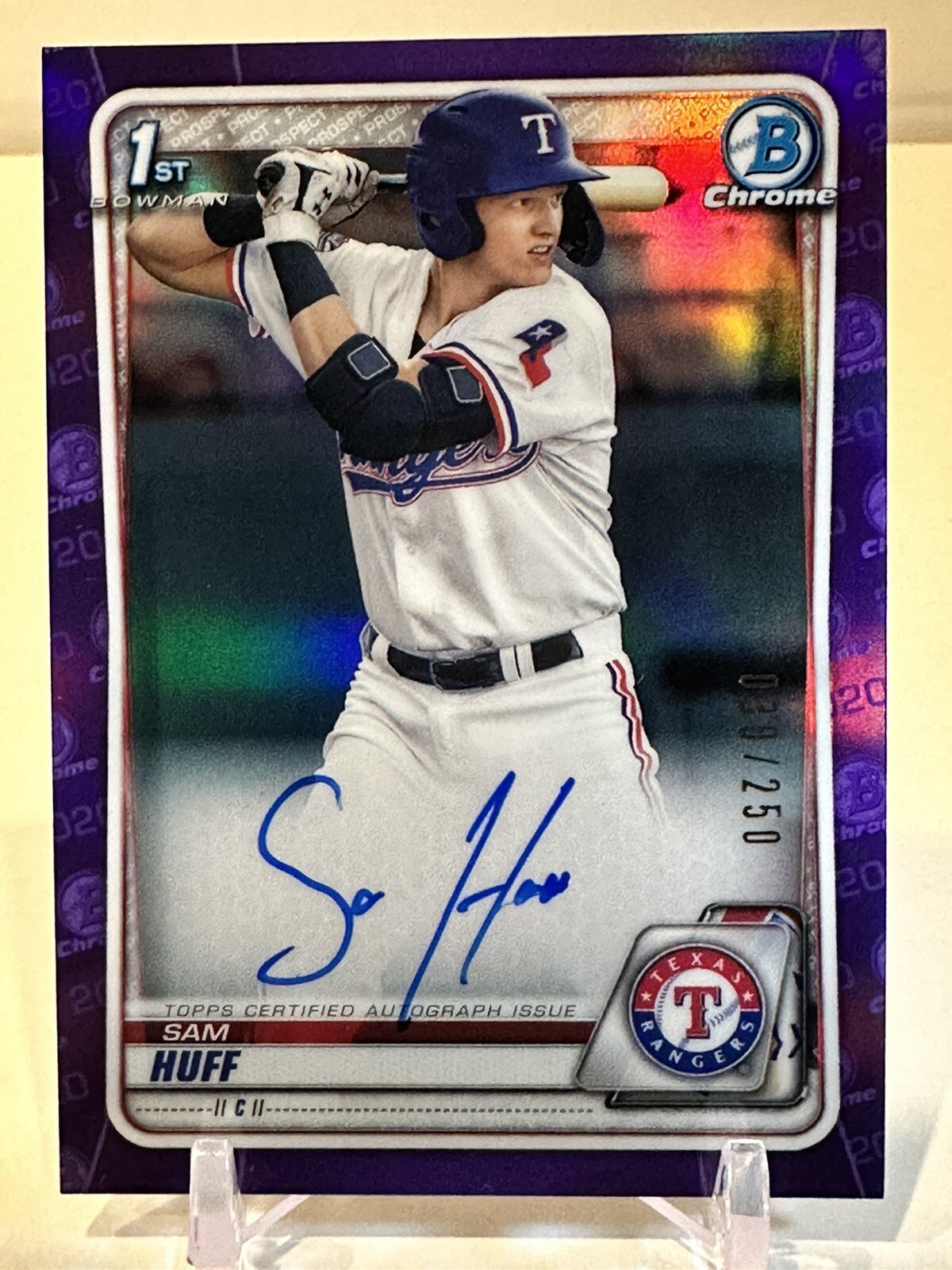 2020 Bowman Chrome Sam Huff Purple Refractor Auto /250 Rangers