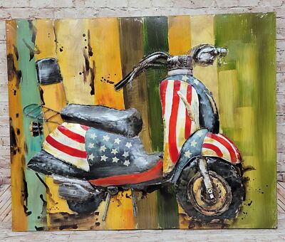 3D Scooter Wall Art with Flag Handmade Metal Artwork Home or Office Decor