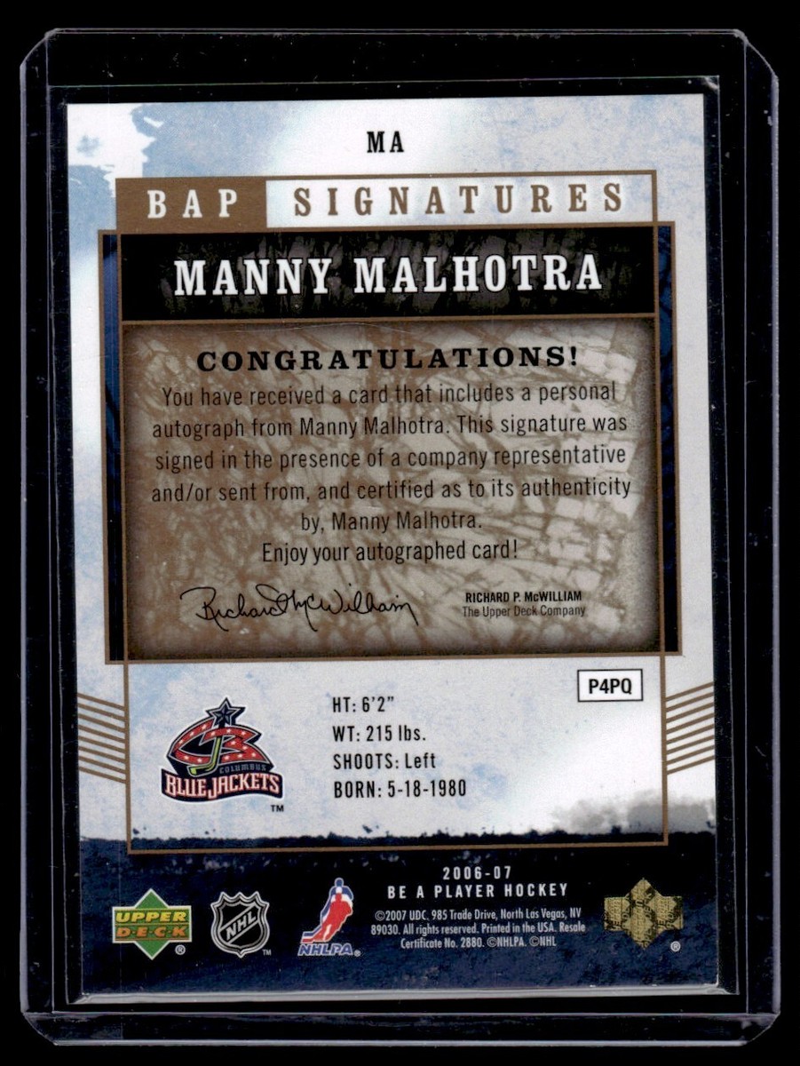 2006-07 Be A Player Signatures Manny Malhotra Auto Columbus Blue