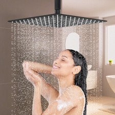 Black 16 Inch Rainfall Shower Head Square Top Overhead Sprayer Stainless Steel