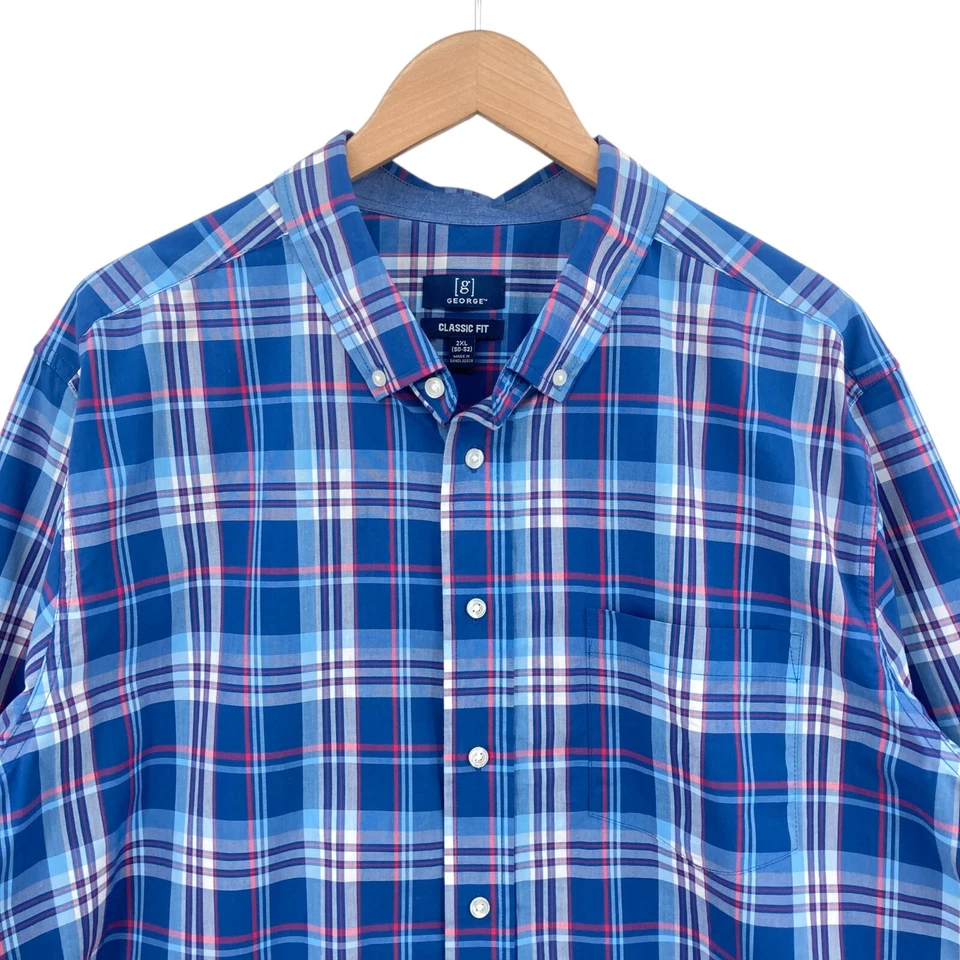 George Shirt Mens 2XL Blue Plaid Classic Fit Cotton Bend Long Sleeve Button Down - Image 3 of 4