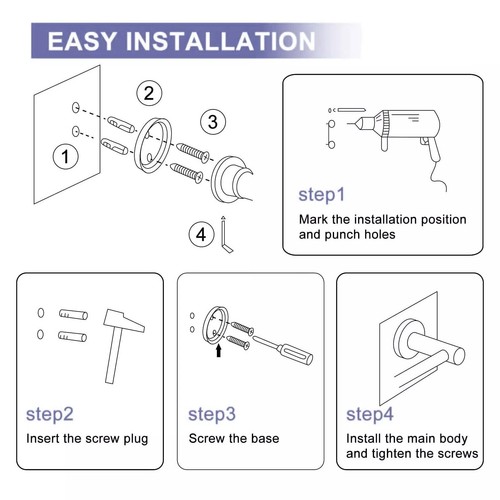 50/60cm Single Towel Bar Bracket Wall Mounted Towel Holder Bathroom Kitchen - Picture 5 of 13