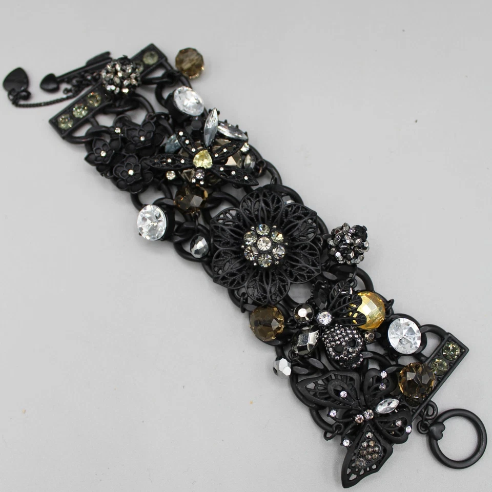 Pulsera Betsey Johnson Negro Dije Cota de malla Flores Estrás Cierre de palanca Foto 4 de 4