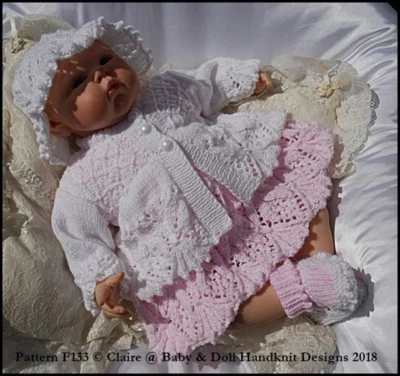 CLAIRE'S BABY & DOLL HANDKNIT DESIGNS BABYDOLL HANDKNIT DESIGNS KNITTING PATTERN F133 DRESS SET 16-22" DOLL 0-3M BABY