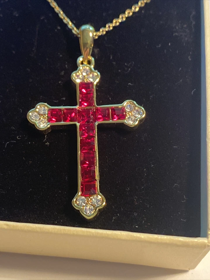 Princess Cut Simulated Ruby & Diamond Cross 1.75" Pendant 925 Yellow Gold Finish - Image 2 of 4