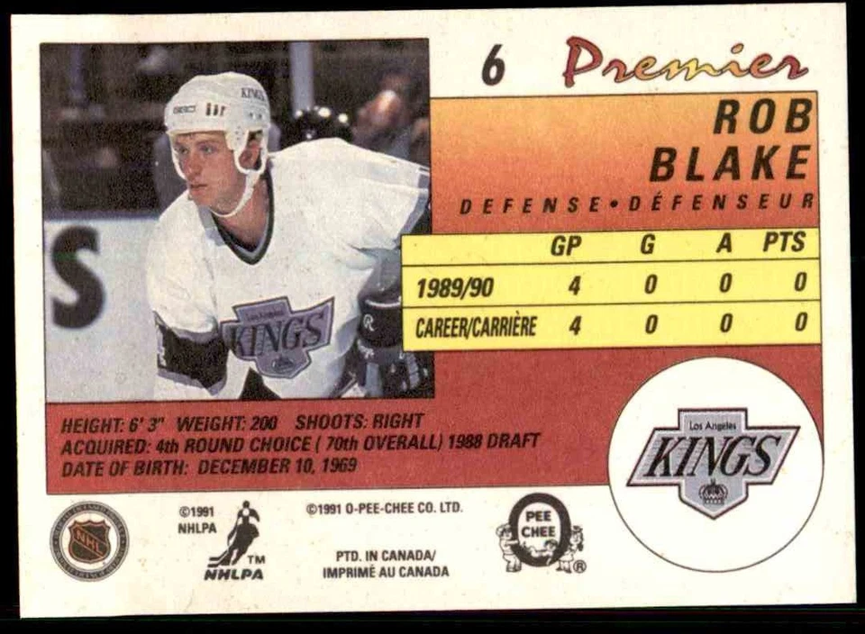 1991-92 O-Pee-Chee Premier Rob Blake Rookie Los Angeles Kings #6 - Image 2 of 2
