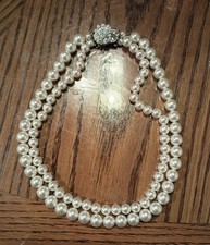 Marked Japan Double Strand Faux Pearls W/Rhinestone Pearl Clasp 16" Necklace