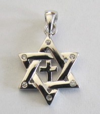 Sterling Silver Star of David w/ Cross in Center Pendant Clear stones