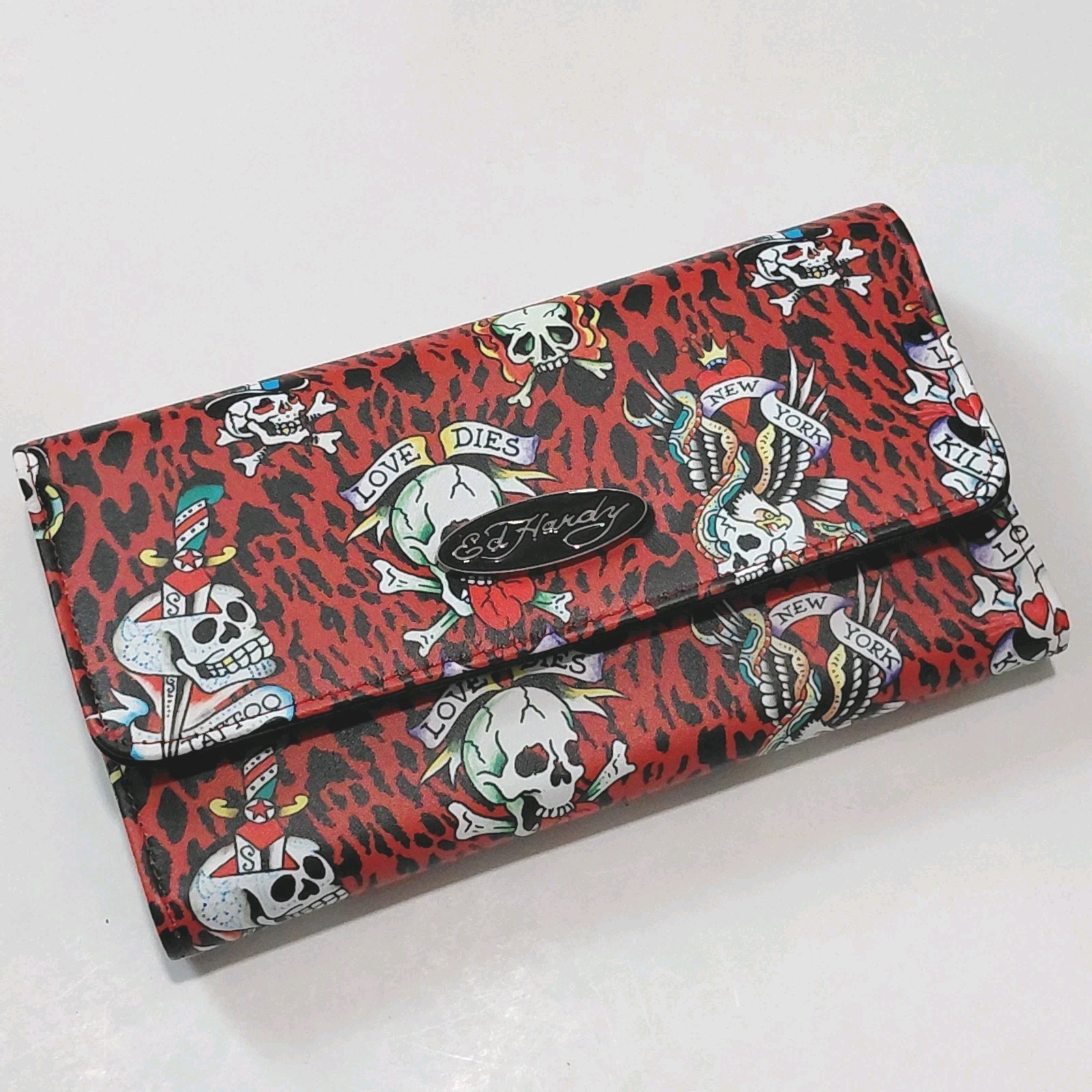 Y2K Ed Hardy Large Black Red Tattoo Trifold Flap Wallet Leopard & Skull Print