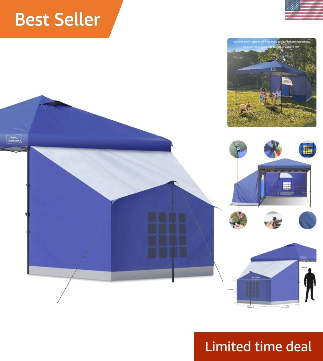 Large 35 sq ft Side Tent for Quick Canopy Setups - Ideal for Family Camping