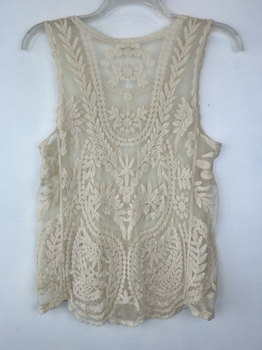 Ivory Embroidered Lace Top Womens S Open Knit Sheer Festival Hippie Boho Tank - Picture 2 of 8