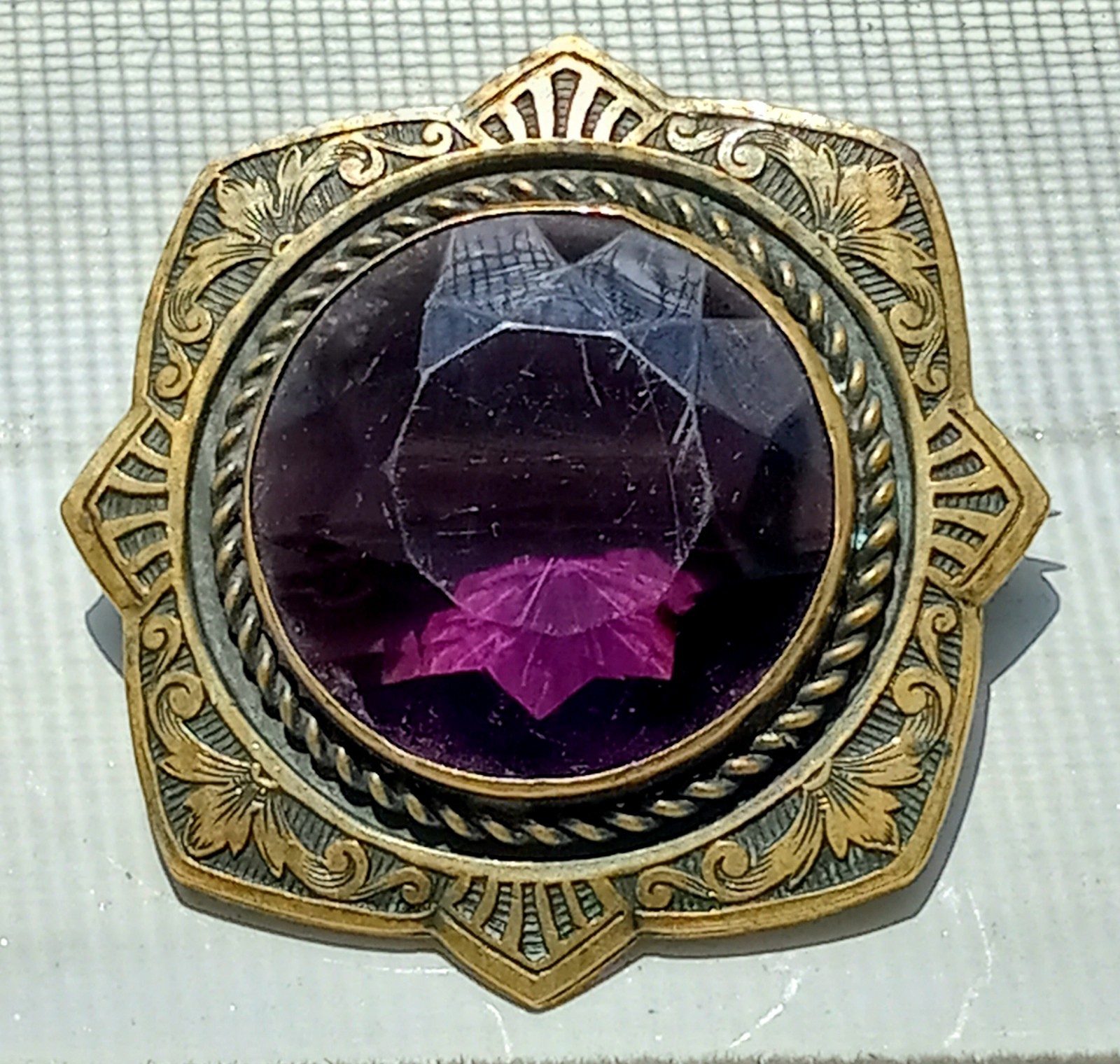 Victorian Etched Brass Brooch With Faceted Amethyst Glass Stone, C- Clasp