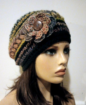 crochet womans handmade flower hat beanie horizon puffs new