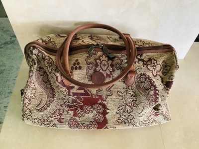 Vintage Ricardo Of Beverly Hills Leather Trimmed Tapestry Carpet Bag / Suitcase