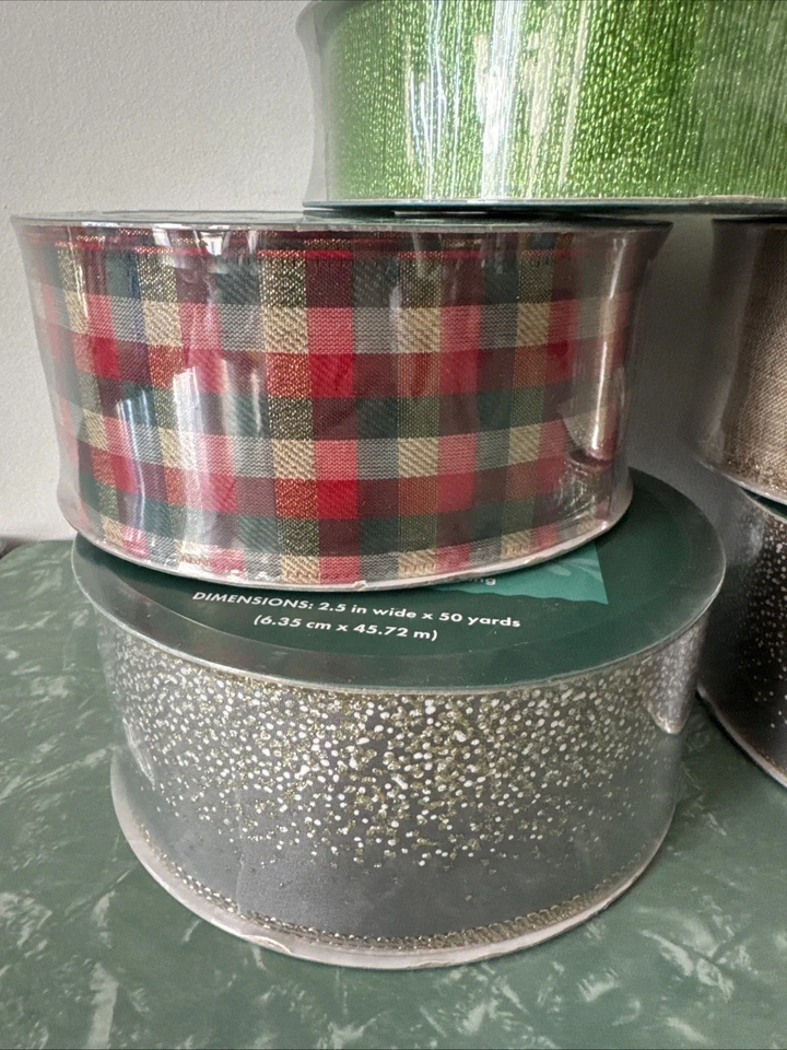 Lot Of 5 Christmas Holiday Wire Edge Ribbon Gold Green Plaid Glitter 2.5” & 1.5” - Image 2 of 4