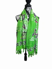 Butterfly Print Green Pareo Sarong Wrap With Tassels One Size Fits Most 41 X 60