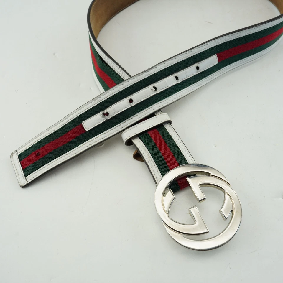 Cinturón Gucci Tela Verde Rojo Lona, Cuero Blanco 29-32 Cintura GG Plata Hombres Mujeres Foto 4 de 4