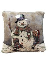 Christmas Tapestry Throw Pillow Giordano Snowman Bears 15 inch Green Back Winte