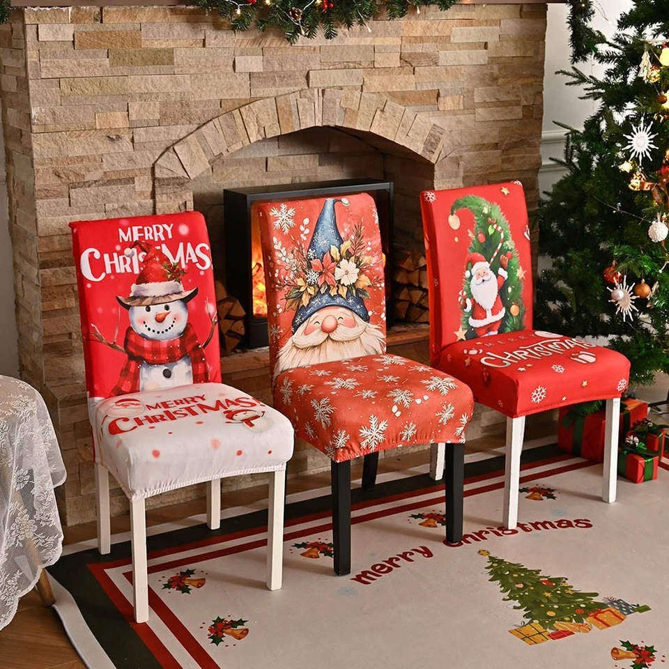 Christmas Party Stretch Banquet Chair Cover Santa Snowman Dining Seat Covers - Image 2 of 4