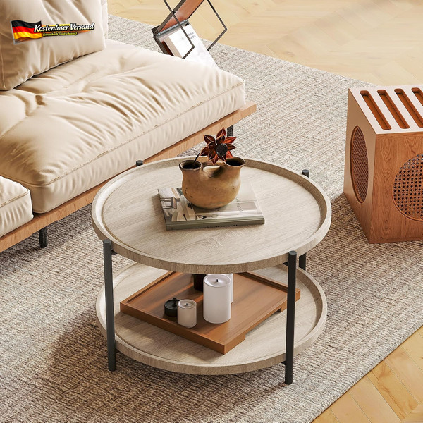 Garvee Couchtisch Rund 75Cm, Moderner Wohnzimmertisch Mit 2 Ebenen, Kaffeetisch-image