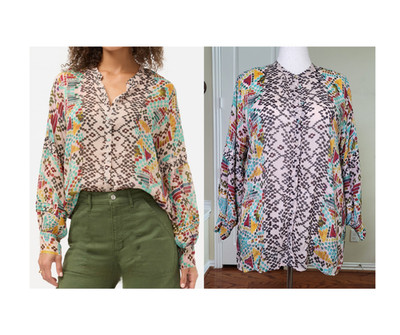 Johnny Was Malina Blouse Multicolor Women L Etris Print Button-up Bubble Sleeve 