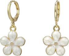 Gold Floral Huggie Hoop Earrings for Women   Resin Flower Drop