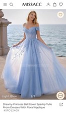 MISSACC Sparkly Tulle Ball Gown Prom Dress Light Blue Floral Off Shoulder