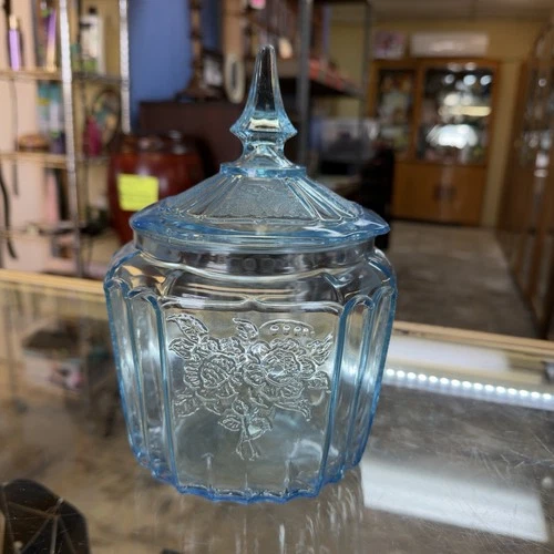 RARE DEPRESSION GLASS COOKIE JAR ICE BLUE MAYFAIR