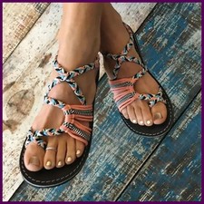 Women Summer Flip Flop Sandals Shoes Mixed Color Matching Rope Knot Beach Toe