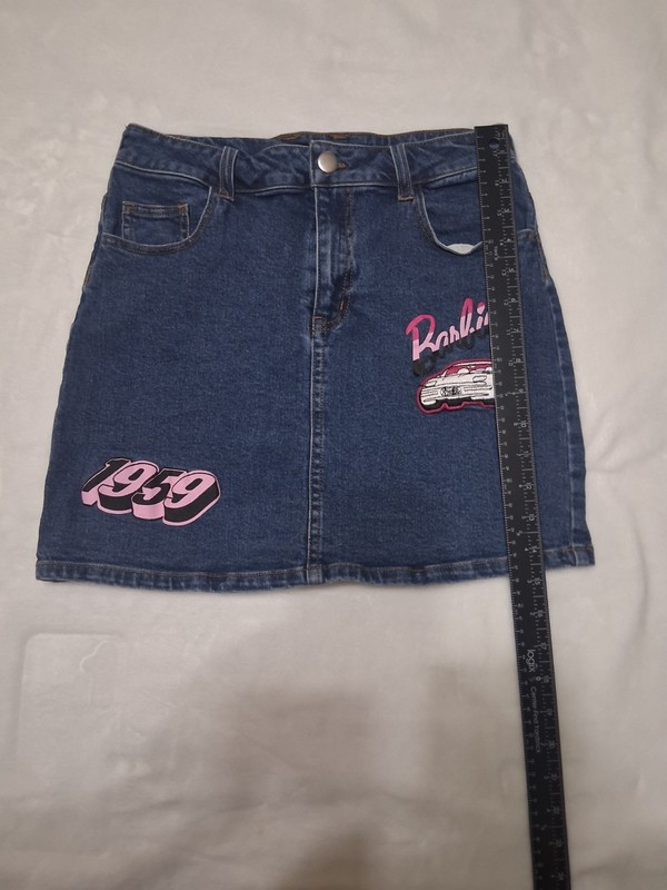 Girl's BARBIE Dark Wash Stretch Denim Skirt  Size 12 Patches Pink Ribbon