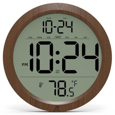 Digital Wall Clock with Date, Indoor Temperature, Auto-DST, Battery Wood