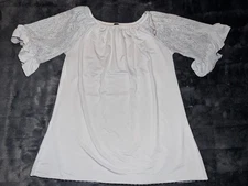 Win Win Tunic Top Womens L-XL White Solid Off-Shoulder Lace Sleeve Pullover