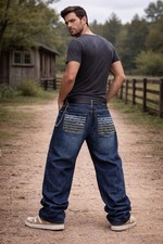 Jeans Ecko Unlimited uomo 36 blu denim larghi ricamati Y2K vintage hip hop