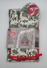 Christmas Holly Berry Kitchen Apron 3-pc Set Baking Merry Moments New