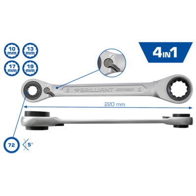 Brilliant Tools 4in1, Doppel-Ratschenringschlüssel, 10 x 13, 17 x 19 mm 