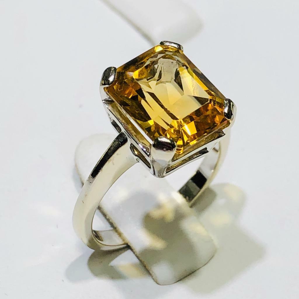 14k White Gold Genuine Golden Citrine Emerald Cut Solitaire Stone Ring Size  6