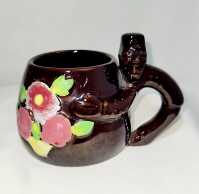 Rare Ceramic Colorful Floral Coffee Mug With A Man Featured As The Handle/Japan
