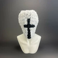 WHITE STUDDED BLACK CROST FLORALS FULL FACE OVER THE HEAD MASK HAUTE COUTURE -