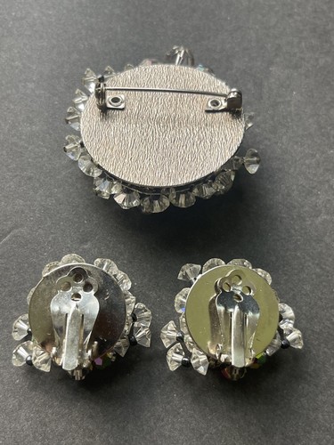 Vintage Crystal AB Clear Smoky Brooch Pin And Earring Retro Clip Earring Set - Picture 3 of 6