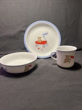 FAO Schwarz Childs 3 Piece Dinnerware Set Bowl Plate China Teddy Bear Wagon