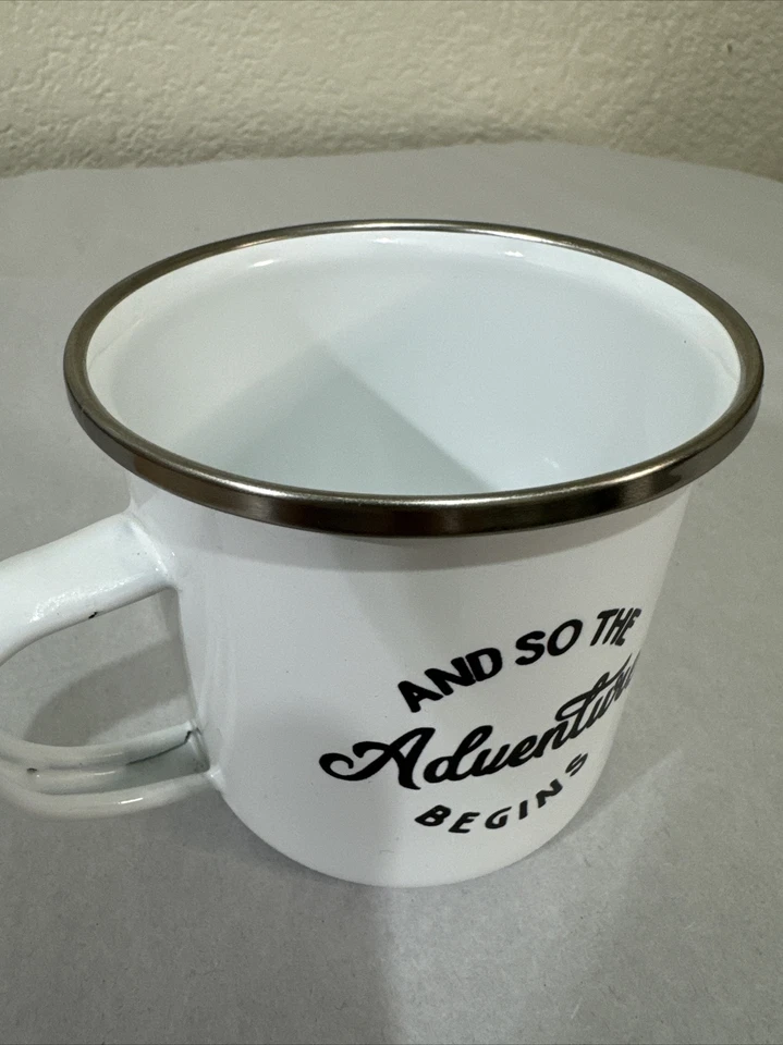 "And So The Adventure Begins"  Enamel Metal Tin White Drinking Cup Mug 12 ounces - Image 4 of 4