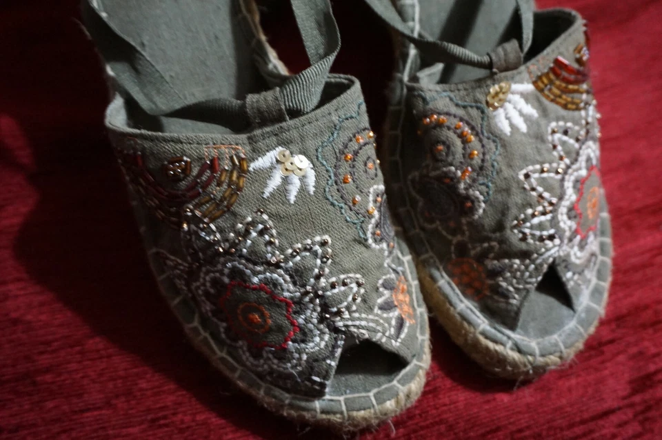 De colección Verde Cuerda Cuña Lentejuelas Cuentas Bordado, Corbata Alpargata Zapato Reino Unido 6 39 Foto 3 de 4