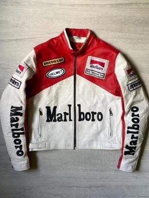 Vintage Marlboro Racing Leather Jacket Men's Motorcycle Biker Moto