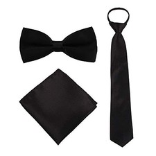 Boys Bow Tie Pocket Square Necktie - 3 Piece Set for Kids with 7-15 Year Black