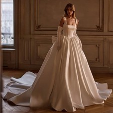 Sleeveless Satin A-Line WeddingDress Square Collar Bow Princess custom BrideGown