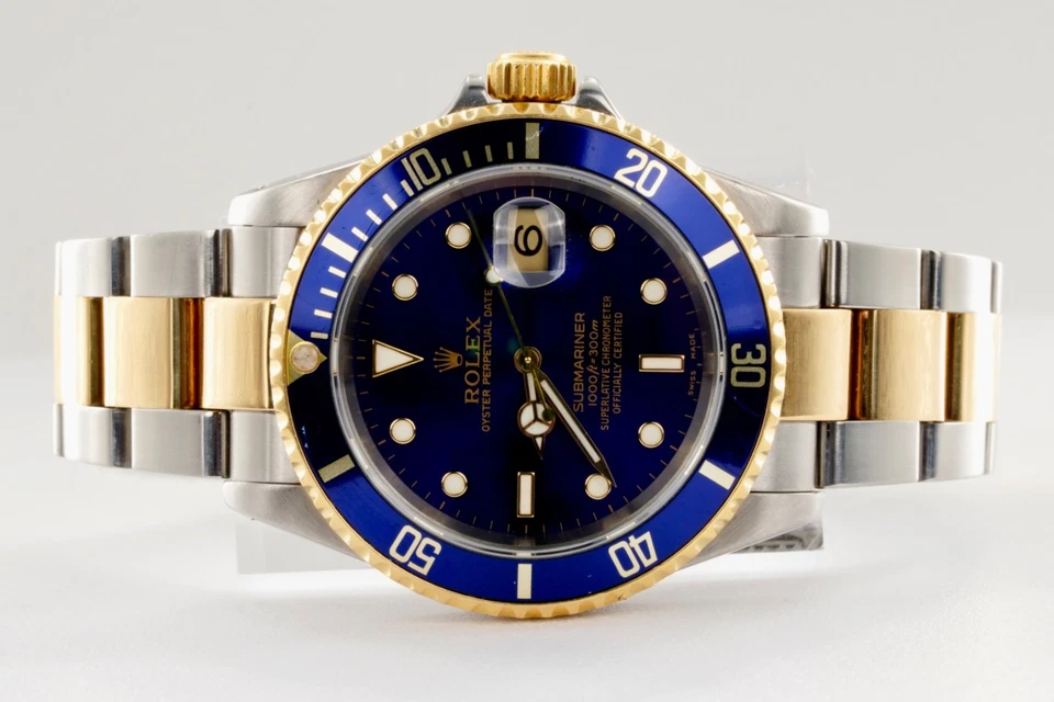 Rolex Submariner 2Tone 18K Gold Stainless Steel Watch Blue Dial Bezel Sub 16613