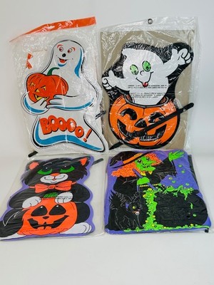 4 Vintage Halloween Yard Sign Stakes Fun World, Tony Ghost, Black Cat, Witch